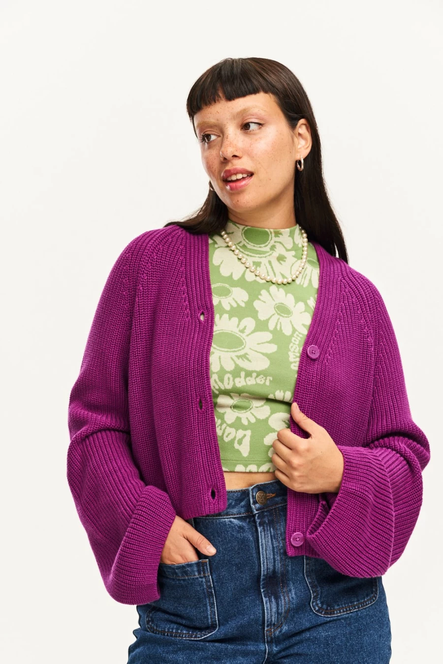 Lucy & Yak Women's Robyn Cardigan - Organic Cotton Hollyhock Purple Knit Sweater