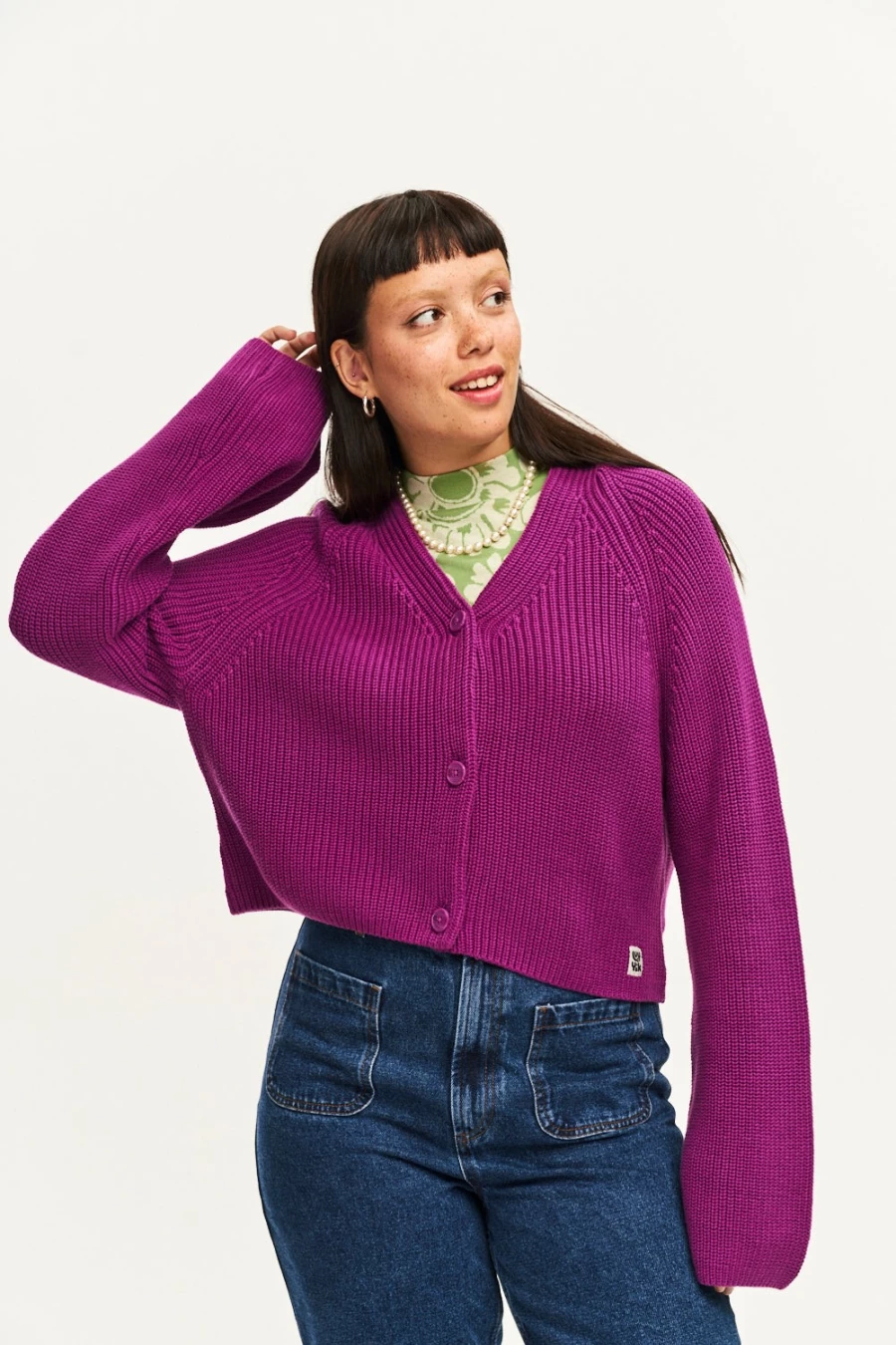 Lucy & Yak Women's Robyn Cardigan - Organic Cotton Hollyhock Purple Knit Sweater