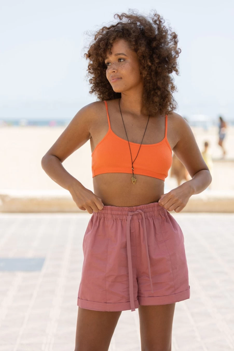 Lucy & Yak Women's Charlie Shorts - Organic Cotton Dusky Pink High Waist Eco-Friendly
