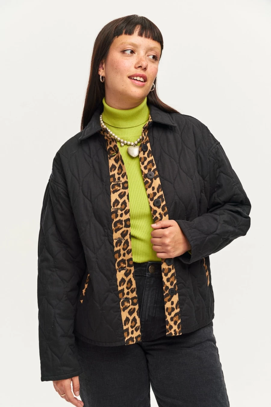 Lucy & Yak Women's Sylvie Jacket - Vintage Deadstock Cotton Black Leopard Print Coat