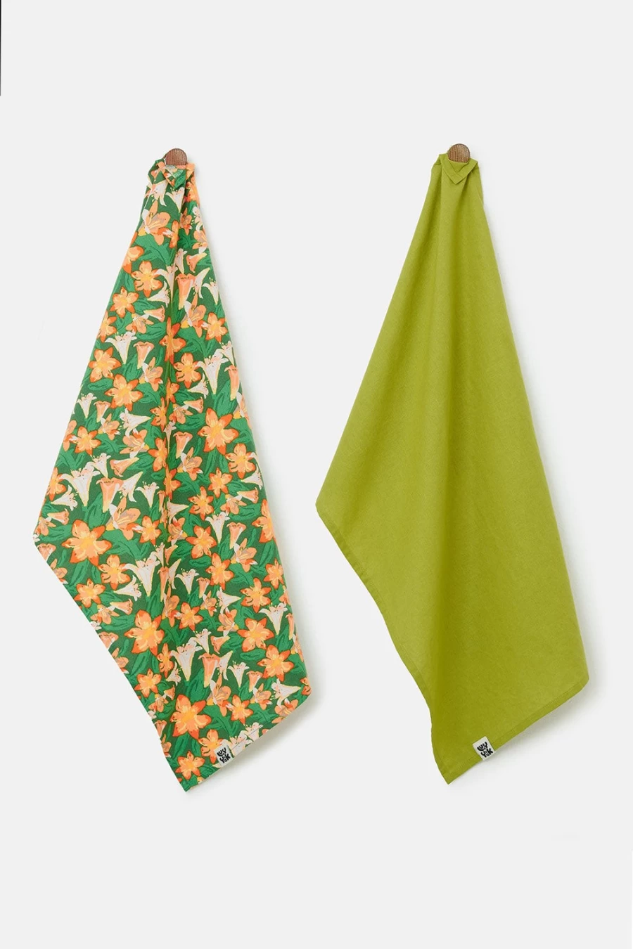 Lucy & Yak Women's Tea Towel Set - 2 Pack, Deadstock Fabric with Lillies & Chartreuse Design