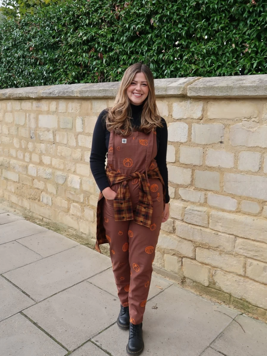 "Lucy & Yak Women's Original Dungaree: Organic Cotton Pumpkin Patch Embroidery Overalls"