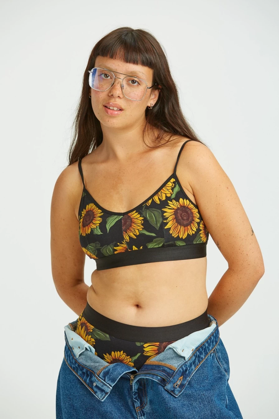 Lucy & Yak Women's Ruby Crop Top - Organic Cotton & Bamboo Blend, Sunflower Print