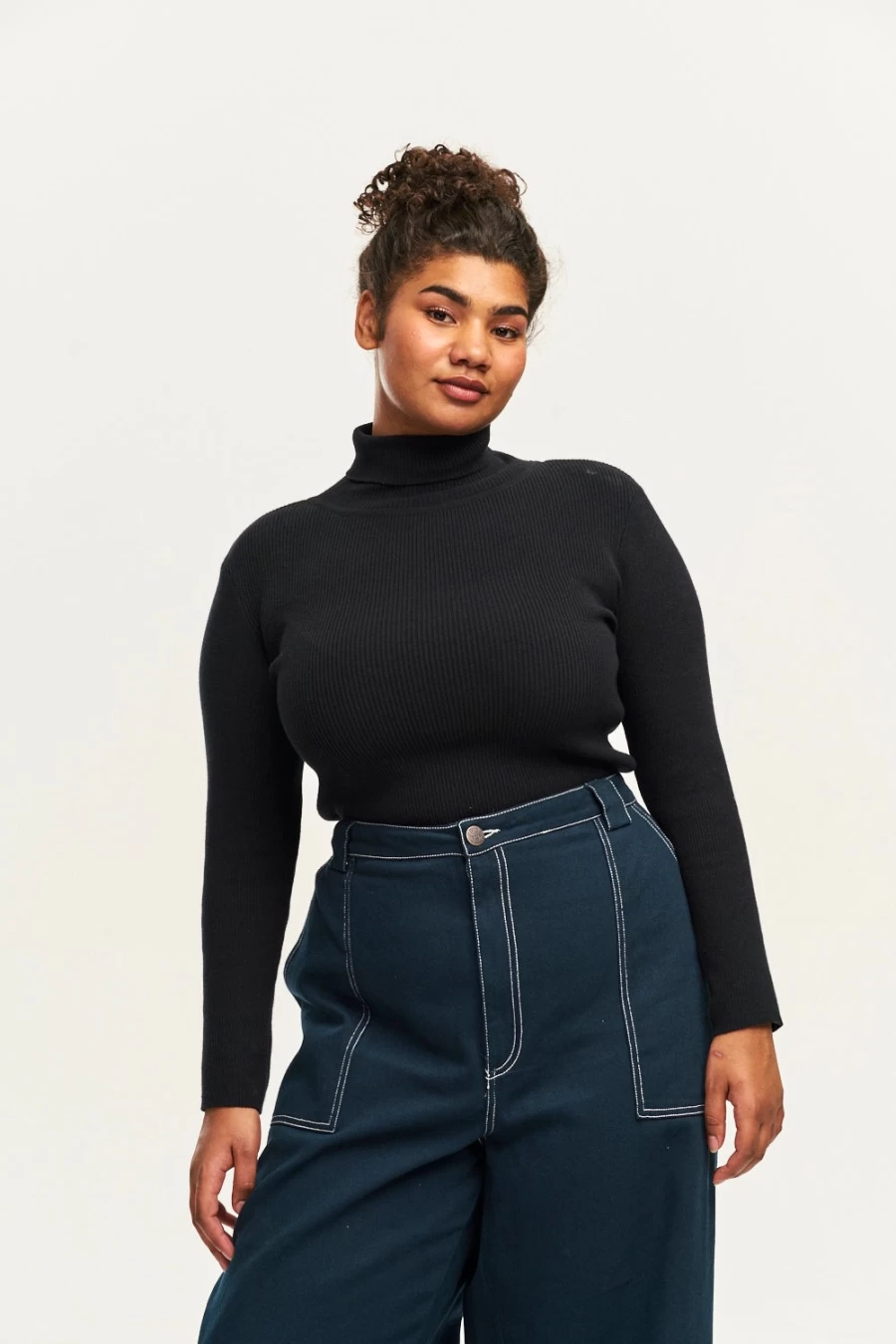 Lucy & Yak Women's Aiden Roll Neck Top - Organic Cotton Knit Sweater in Black