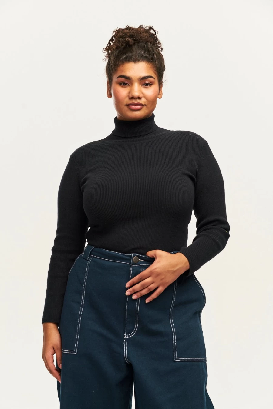 Lucy & Yak Women's Aiden Roll Neck Top - Organic Cotton Knit Sweater in Black