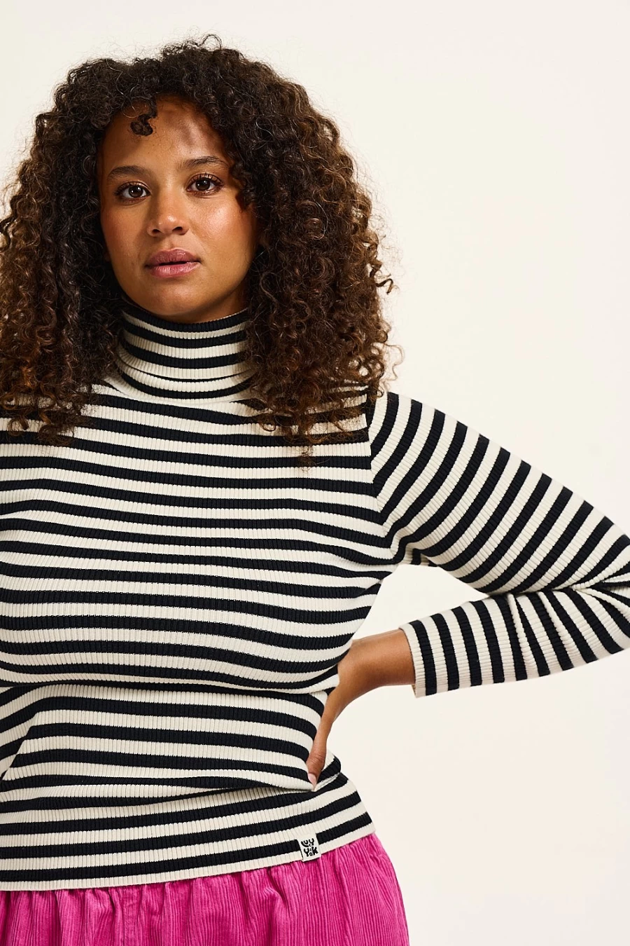 Lucy & Yak Women's Aiden Roll Neck Organic Cotton Knit Top - Black & White Striped
