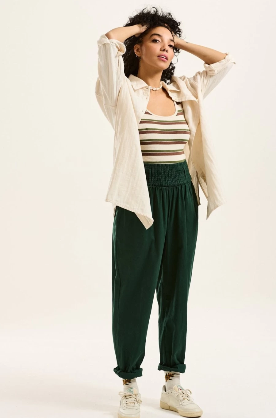 Lucy & Yak Women's Alexa Trousers - Organic Cotton Posy Green Eco-Friendly High Waist Pants