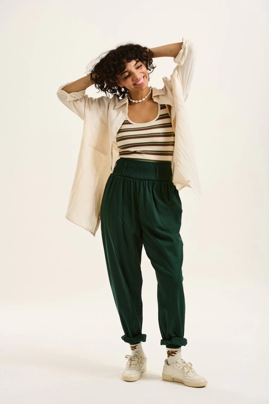 Lucy & Yak Women's Alexa Trousers - Organic Cotton Posy Green Eco-Friendly High Waist Pants