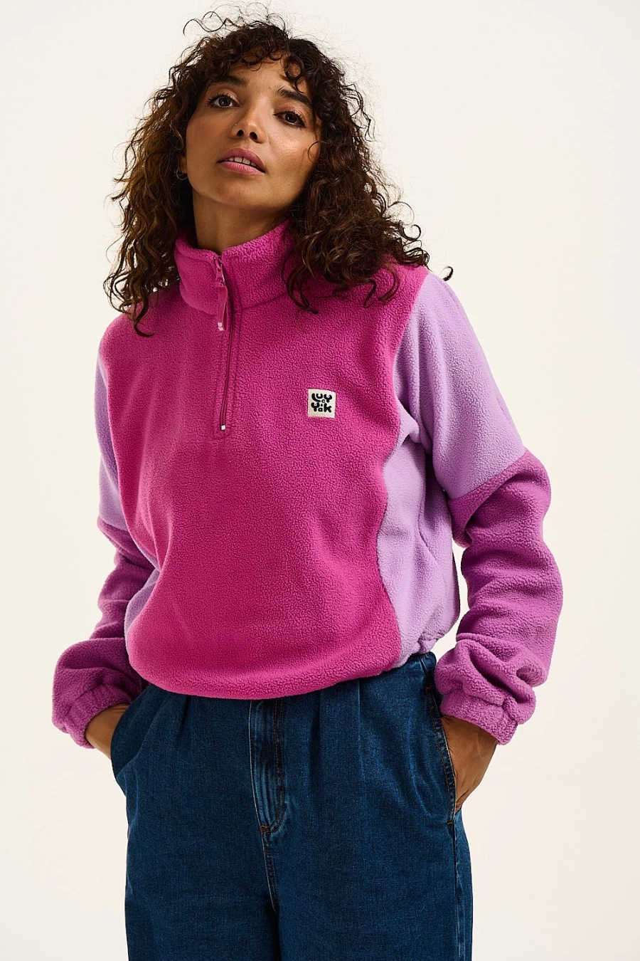 Lucy & Yak Women's Pink Block Cropped Fleece Jacket - Sustainable Recycled Bottle Material