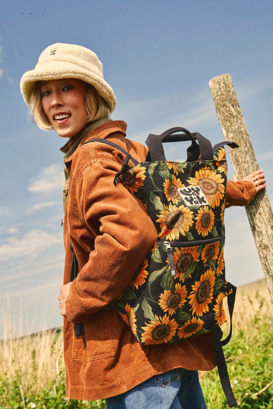 Lucy & Yak Women's Dylan Backpack - Organic Canvas Sunflower Design, Sustainable & Stylish Daypack