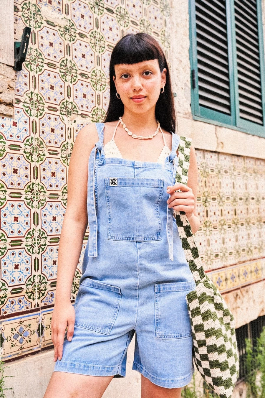 Lucy & Yak Women's Organic Denim Dungaree Shorts - Light Wash Blue Original Fit