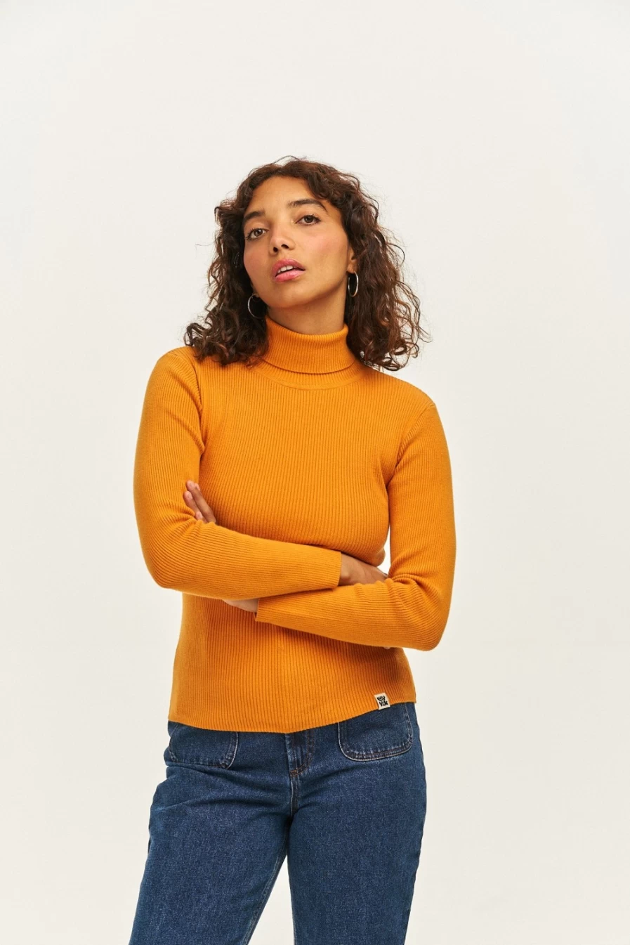 Lucy & Yak Women's Aiden Roll Neck Top - Organic Cotton Knit in Orange Pepper