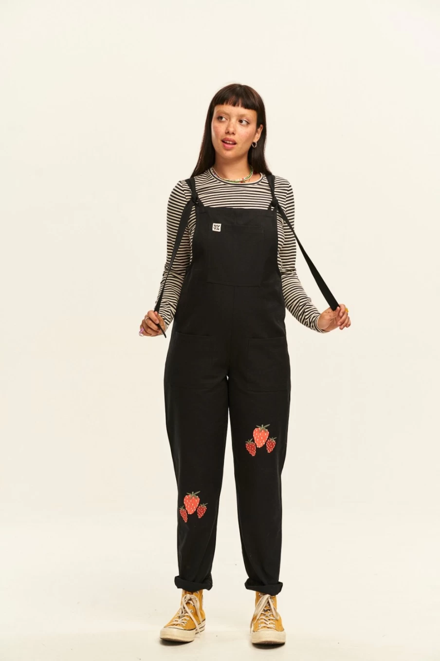 Lucy & Yak Women's Original Dungaree: Organic Cotton Sweet Strawberry Embroidery Overalls