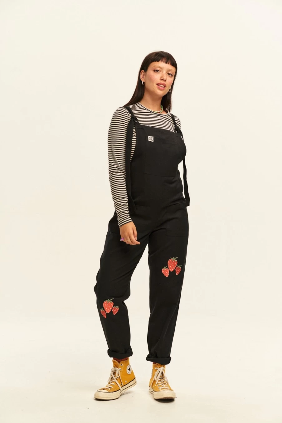 Lucy & Yak Women's Original Dungaree: Organic Cotton Sweet Strawberry Embroidery Overalls