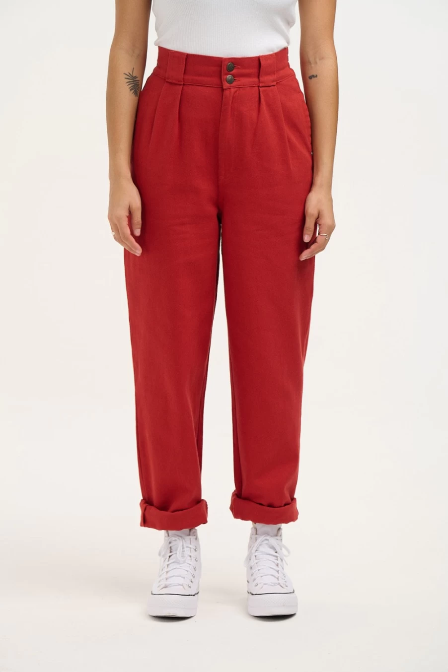 Lucy & Yak Women's Addison Tapered Jeans - Organic Twill, Bossanova Red, High-Waisted Sustainable Denim