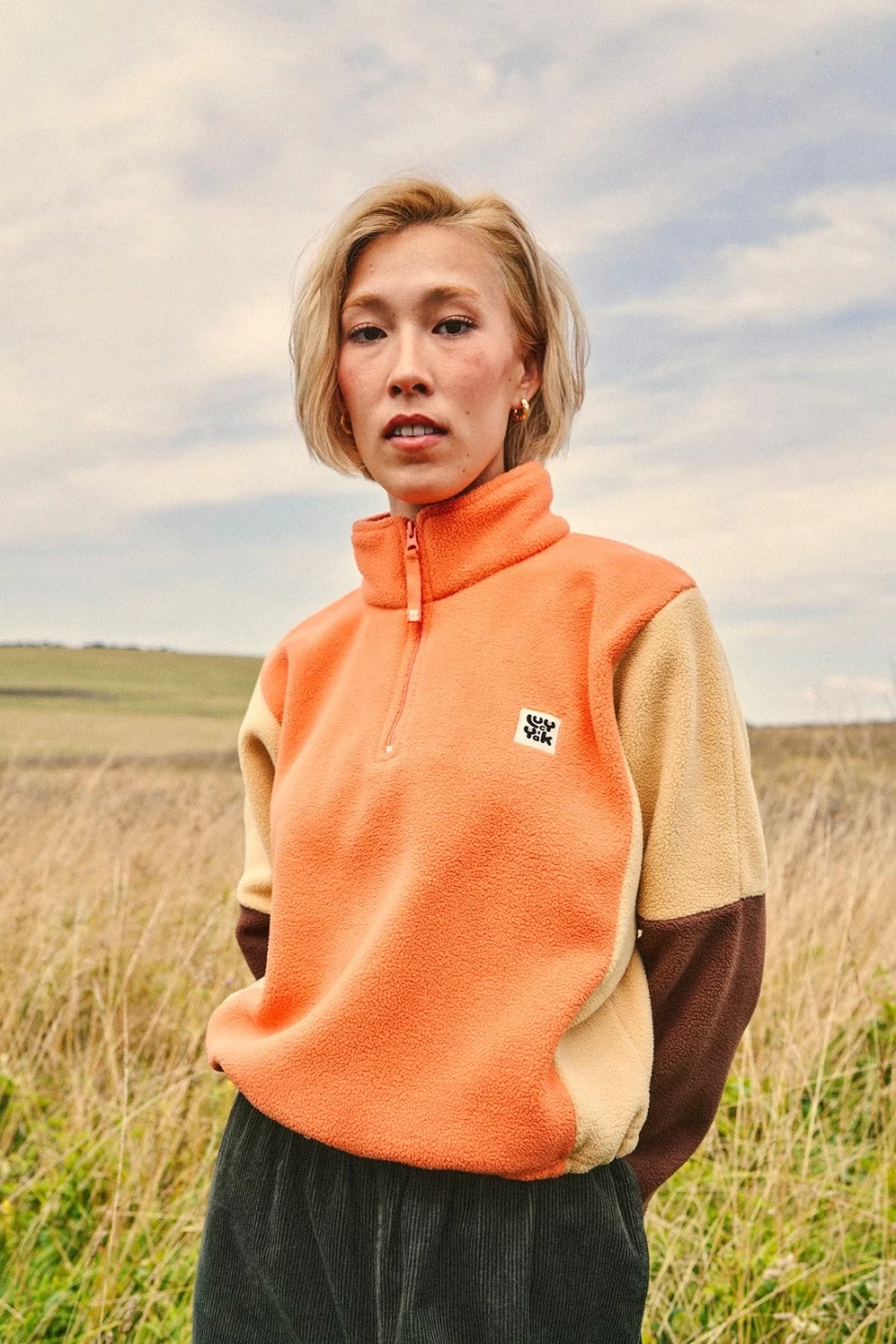 Lucy & Yak Women's Blake Cropped Fleece Jacket - Sustainable Recycled Bottle Material - Earthy Block Color