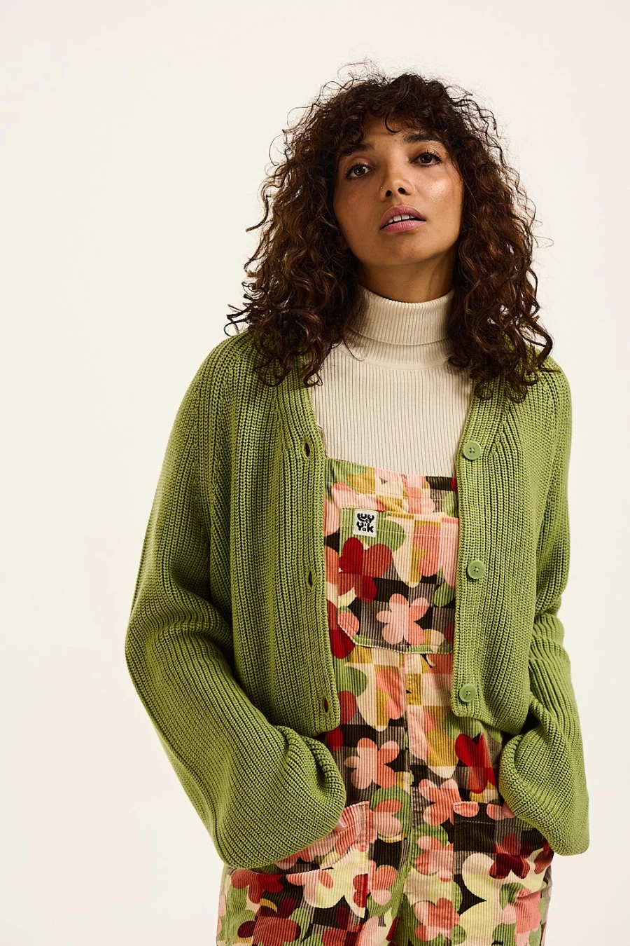 Lucy & Yak Women's Robyn Cardigan - Organic Cotton Fern Green Knit Sweater
