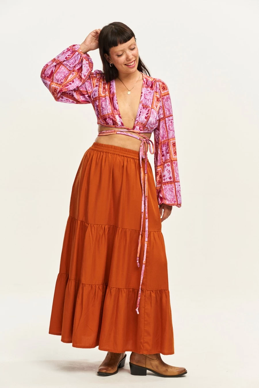 Lucy & Yak Women's Brie Maxi Skirt - Tencel™ Lyocell, Autumn Maple Color, Sustainable Midi Skirt