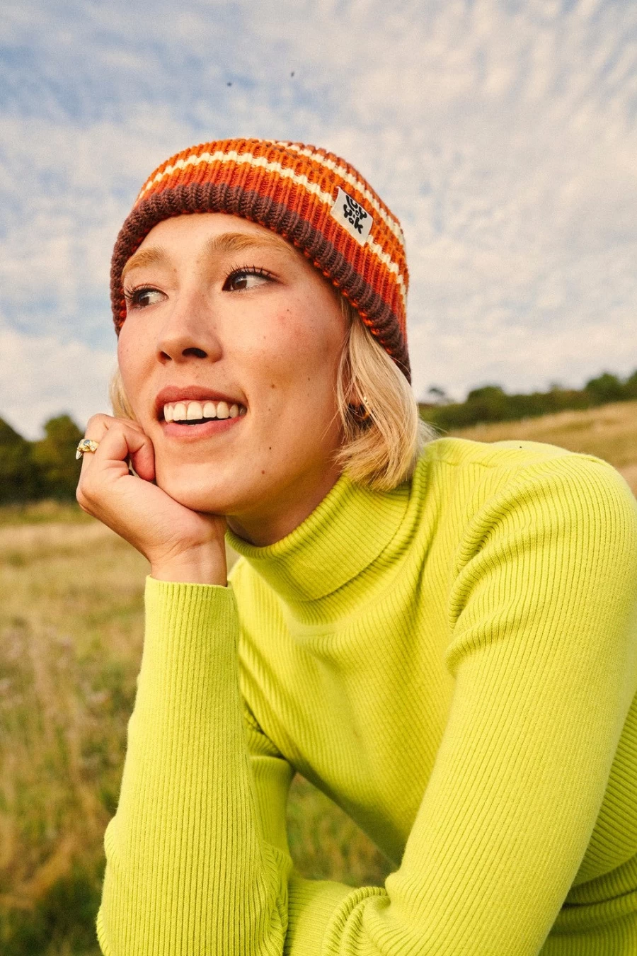 Lucy & Yak Women's Aiden Roll Neck Top - Organic Cotton Knit in Lime Green