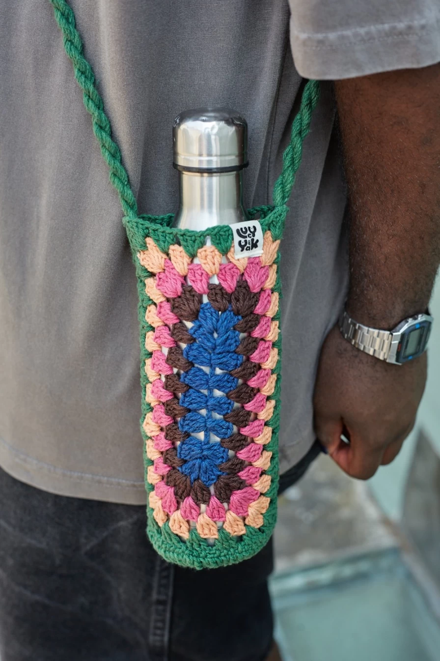 Lucy & Yak Women's Crochet Bottle Bag - Eco-Friendly Deadstock Cotton, Multi-Color Handmade Accessory