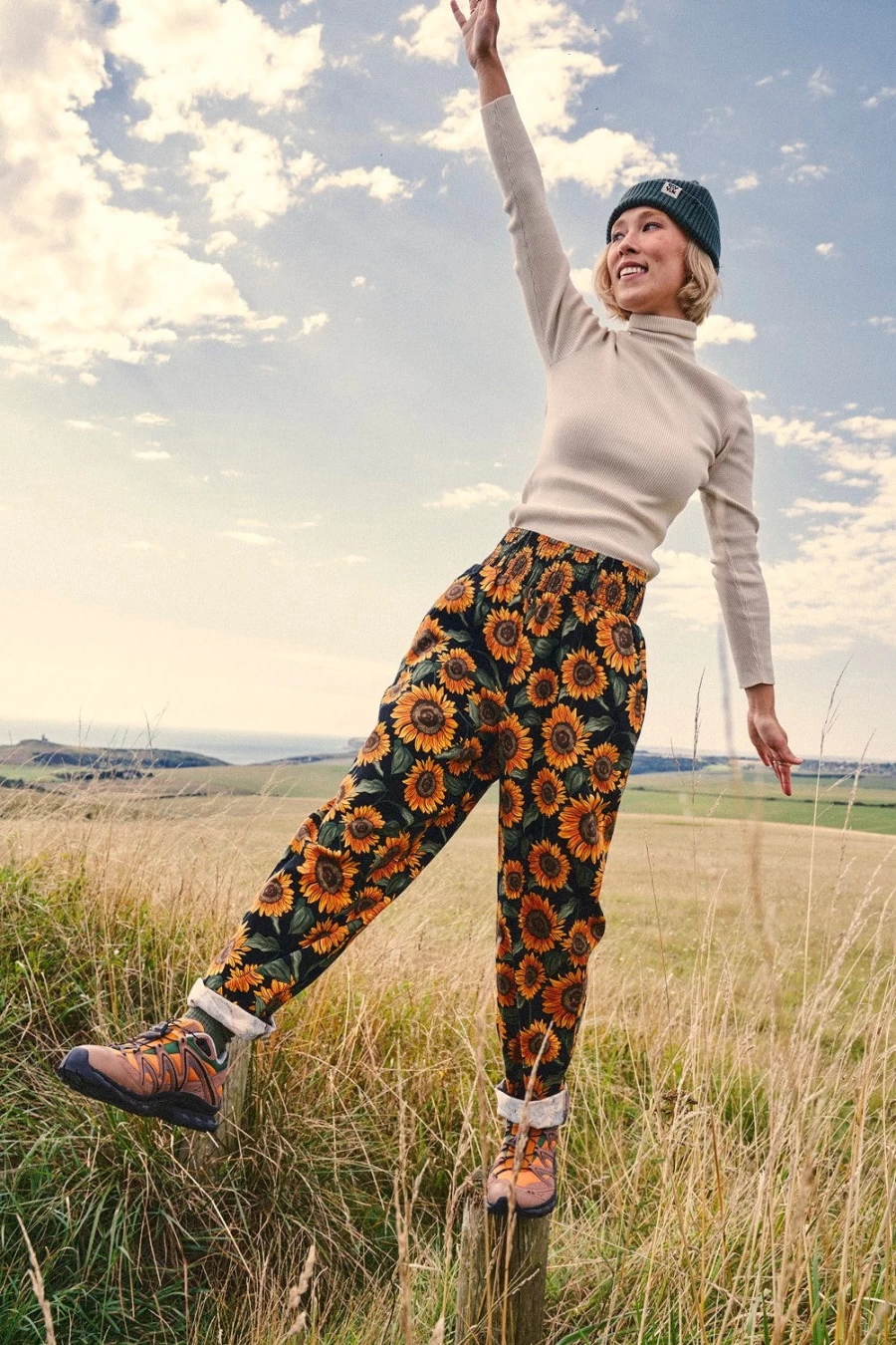 Lucy & Yak Women's Alexa Trousers: Organic Cotton Sunflower Print Eco-Friendly Pants