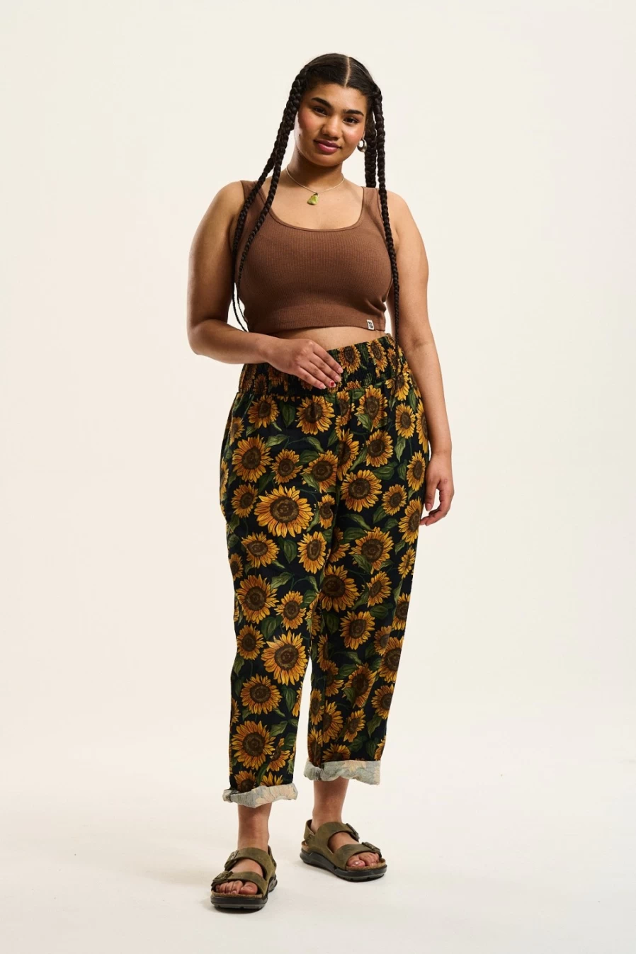 Lucy & Yak Women's Alexa Trousers: Organic Cotton Sunflower Print Eco-Friendly Pants