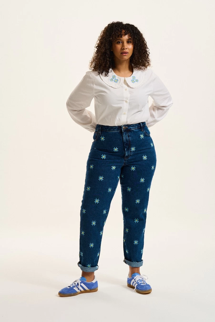 Lucy & Yak Women's Dana Mom Jeans - Organic Denim with Daisy-Mae Embroidery, High Waist Retro Fit